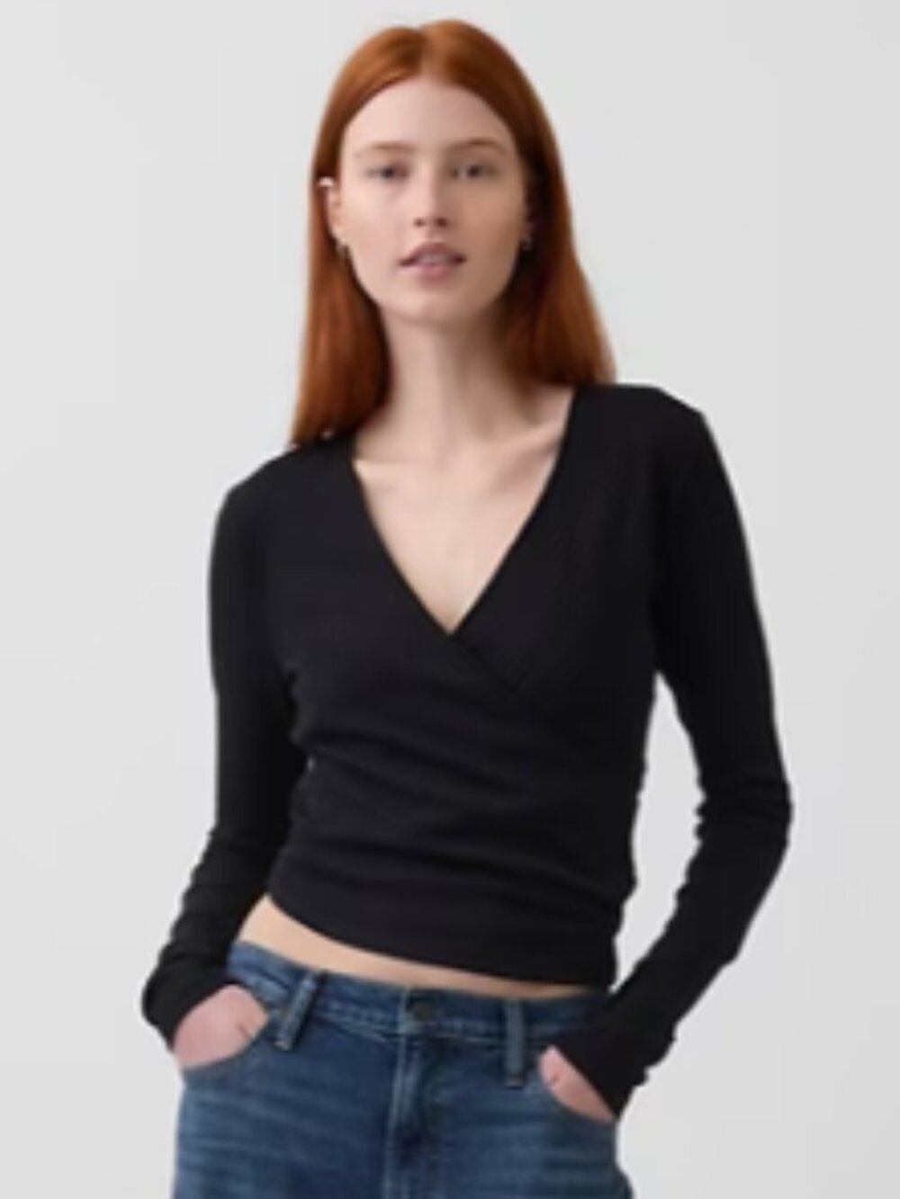 Gap Black Modern Wide Rib Wrap V-Neck T-Shirt - Size L